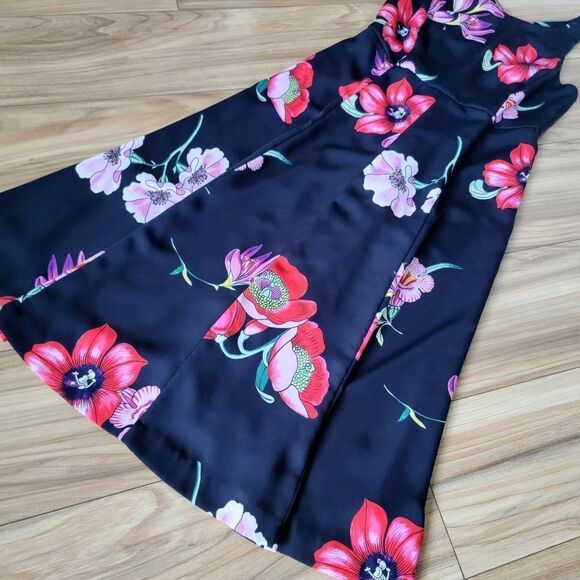 Ann Taylor Poppy Floral High Neck Criss Cross Back Midi Dress in Black - Picture 5 of 12